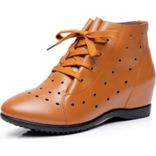 2020 New Hollow Cowhide Leather Boots Women Boots Casual Lace Ankle Boots Increased Within High Heels Comfortable Women Shoes