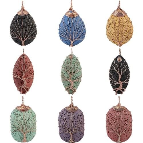 SUNYIK Lava Rock Stone Tree of Life Pendant Necklace,Handmade Copper Wire Wrapped Jewelry,Healing Chakra (Free Chain)