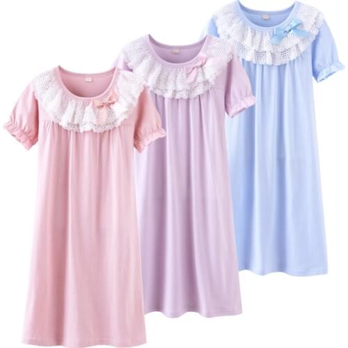 Girl Night Gowns Pajamas Summer Girls Nightgowns Sleepwear Dress Lace Sleepwear for Girl Soft Pjs (Size 14 Fit for Adult Also)
