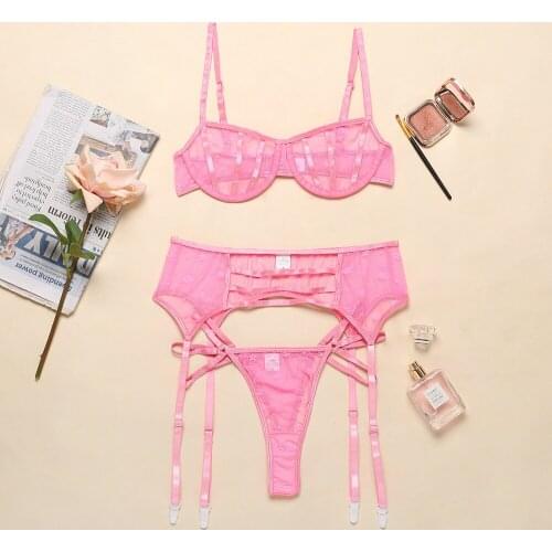 Sexy Womens Lingerie Set Sheer Mesh Underwire Bra High Waist Garter Belts Panty 3 Piece Set Erotic Transparent Underwear Set