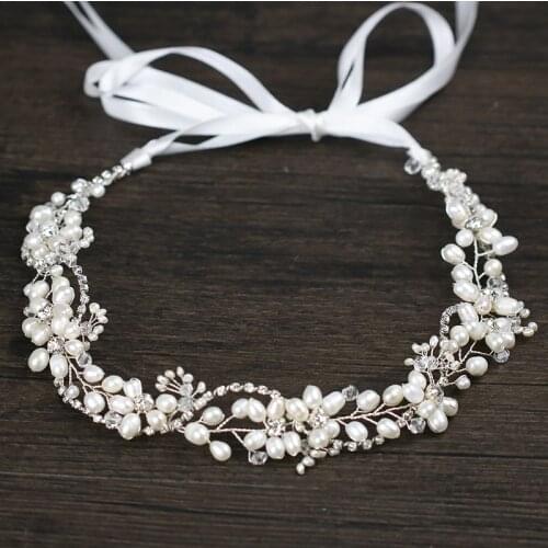 Silver Color Hair Jewelry Freshwater Pearl Rhinestone Tiara Headband Handmade Bridal Hairband For Wedding Women Hair Accessories