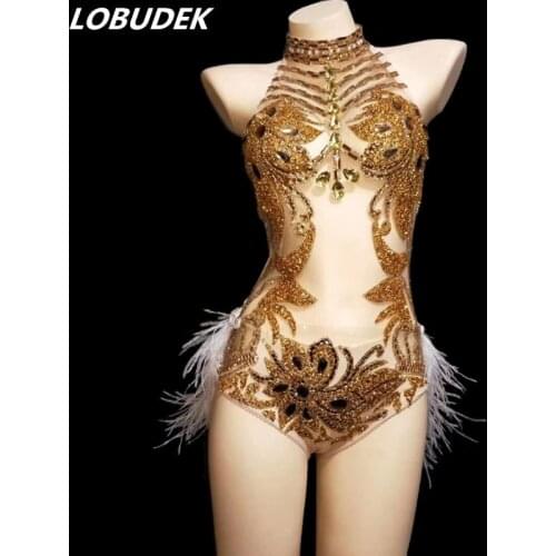 Sexy Backless Gold Rhinestones Feathers Bodysuit Sleeveless See-through Halter Catsuits Nightclub DJ Lady Team Dance Costume