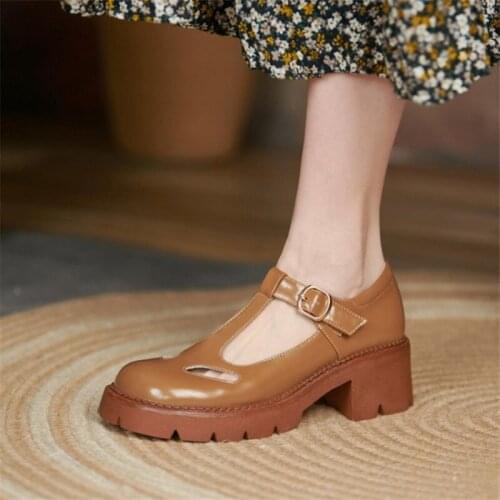 PXELENA Retro Luxury Women T Tied Pumps Hollow Out Block Chunky High Heels Round Toe Sheepskin Genuine Leather Shoes Lady Daily
