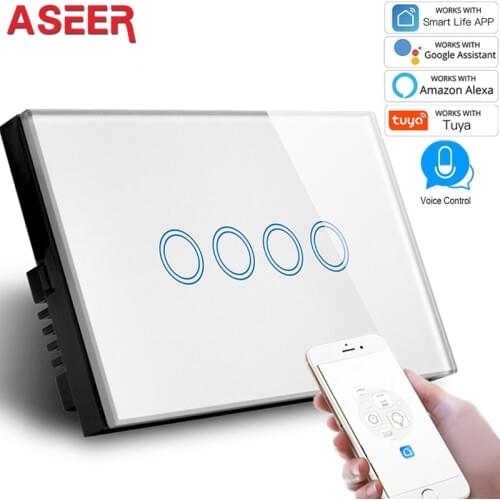 ASEER US 4 Gang Smart Switch Wifi APP Control Lamp Switch,Crystal Glass Switch WIFI2.4GHz,Compatible With Alexa Google Assistant