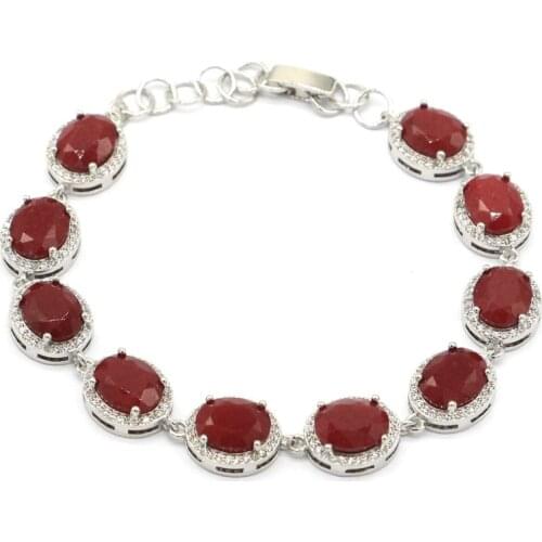 16x8mm Gorgeous Created Pink Raspberry Rhodolite Garnet CZ Gift For Sister Silver Bracelet 8-9.0inch