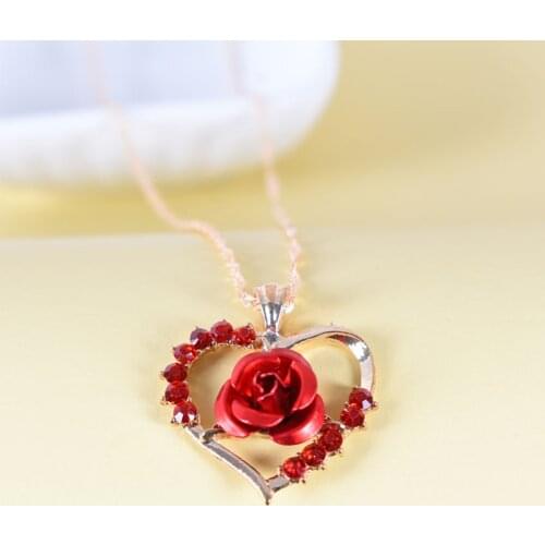 Heart Rose Pendant Necklaces for Women Girl Gold Color Chain Charm Crystal Female Jewelry Accessories Valentines Day Gift