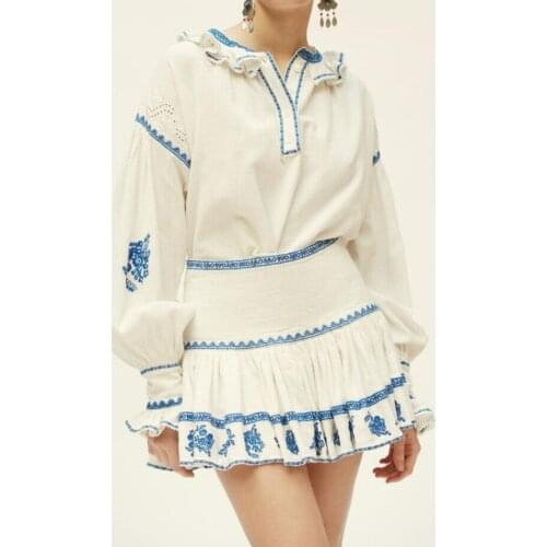 2021 Spring Summer New Mini Skirt Lady Fashion Embroideried Ruffles Trim Linen Cotton Pleated Short Skirts