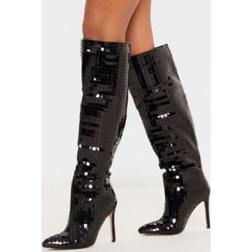 Moraima Snc Fashion Pointed Toe Woman Knee High Boots Black Glitter Embellished Thin Heels Long Boots Big Size Woman Shoes