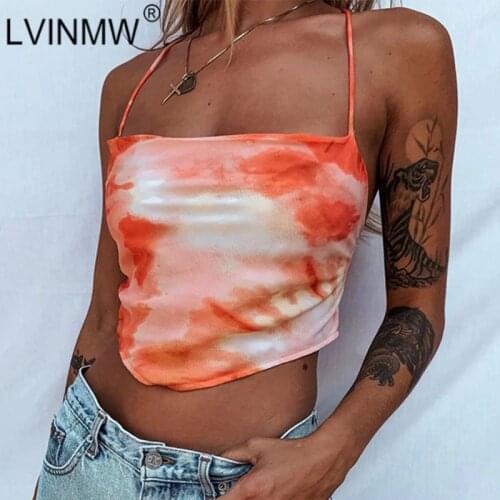 LVINMW Back Crossed Lace Up Tie Dye Sexy Slim Fashion Crop Top Backless Skinny Designed Asymmetrical Tops Women Summer Street
