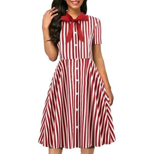 Red Striped Print Dress Women Summer Vintage Bow Collar Short Sleeve Shirt Dress Pin Up 50s Elegant Party Ball Gown Vestidos