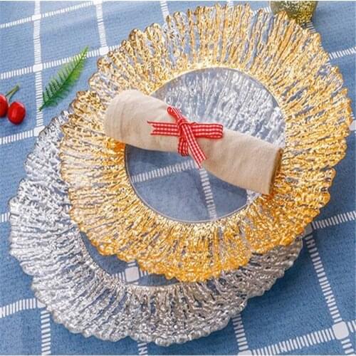1pc Glass Gold Inlay Charger Plate Fruit Dishes Saucer Tea Tray Dessert Dinner Plate Tableware Table Service Set for Wedding