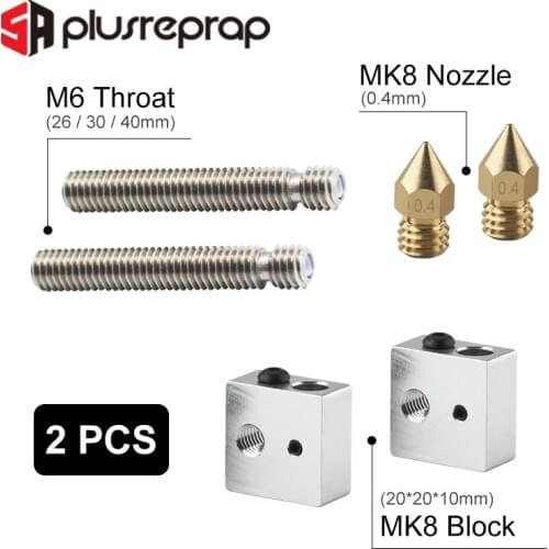2PCS 0.4mm Extruder Nozzle+2PCS 1.75mm M6 Throat Tube+2PCS Heater Block for MK8 Anet A8 Extrusion J-head 3D Printer Parts