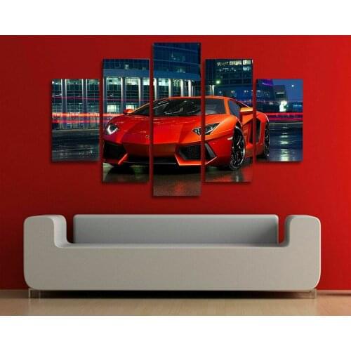 5 Pieces Luxury Sport Red Car at Nigh 5 Pcs Canvas Pictures Print Wall Art Canvas Paintings Wall Decor for Living Room No Framed