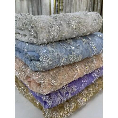 5yards/pc) High grade African wedding tulle lace fabric with amazing tube beads sequins embroidery new French net lace FXZ084