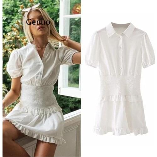 White Cotton Puff Sleeve Summer Women Dress 2021 Casual A-line Shirt Collar Short Dress Elegant Solid Button Vestidos