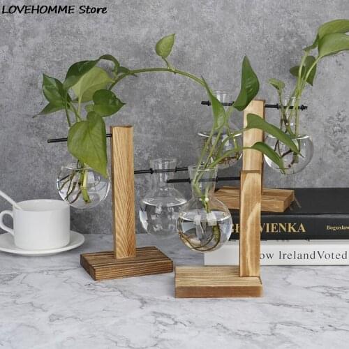 Plant Bonsai Flower Pot Hanging Pots With Wooden Tray Glass+Wood Vase Home Decor Planter Terrarium Table Desktop Hydroponics