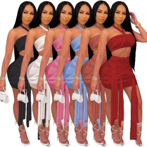 Spring Summer Two Piece Set Women Mesh Sheer Irregular Bandage Tube Top Mini Skirt Suit Sexy Nightclub Club Outfits Streetwear