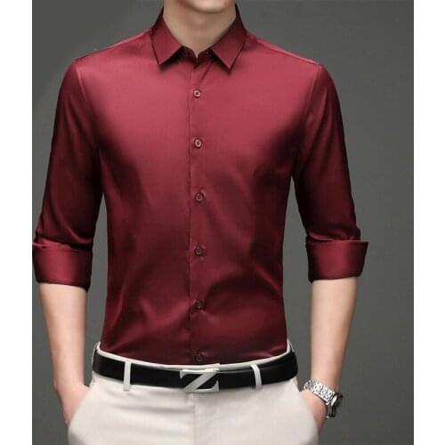 Red Shirts Men 2021 New Casual Long Sleeve Satin Mens Shirt Slim Business Work Camisas Non Iron Solid Chemise Homme 26+Colors