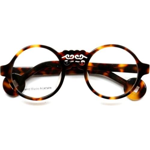 Retro Chinese Element Round Eyeglasses Oversize Glasses Frames Handmade Acetate Eyewear Black Leopard Vintage Spectacles