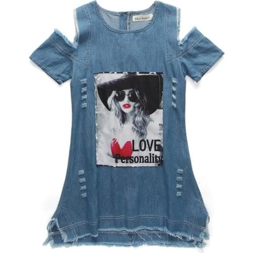 Summer Dress Girls Clothes Denim Off-the-shoulder Kids Dresses Childrens Casual Party Short Sleeved Pageant Dress Outfit