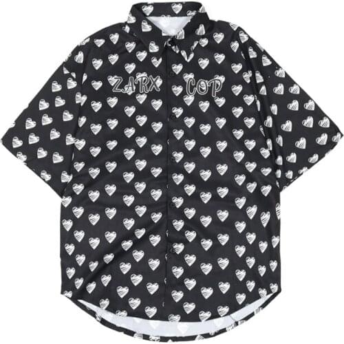 Summer New Ladies Street Short-Sleeved Shirt INS Korean American Vintage Love Full Printing Casual Loose Trend Fashion Mens Top