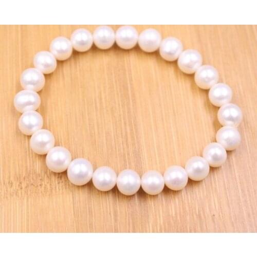 Best 8.5-9mm Natural Freshwater Pearl Beaded Bracelet Woman Bless Lucky Gift Bangle