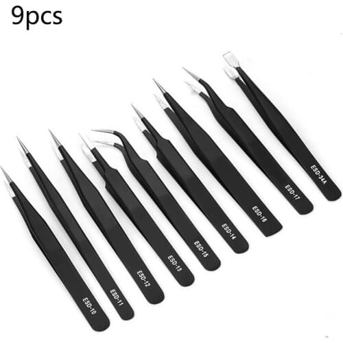 9Pcs Anti-static ESD Stainless Steel Tweezers set Maintenance Tools Industrial Precision Curved Straight Tweezers Repair Tools
