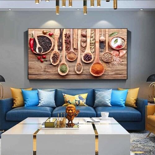 Kitchen Themed Wall Art Decor Colorful Spice and Spoon In Table Canvas Paintings Food Concept Retro Canvas Art Prints Cuadros