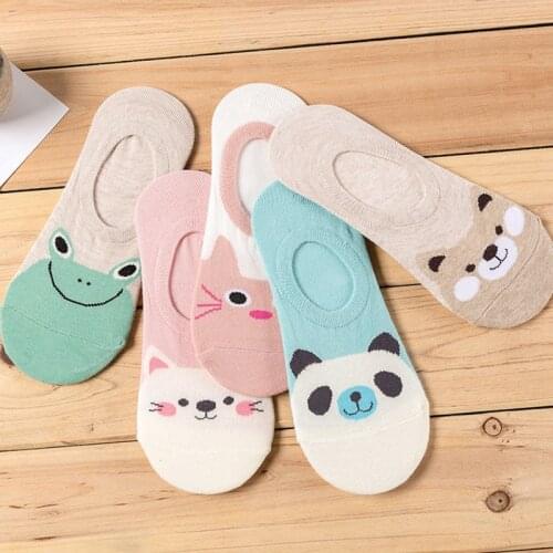 New Women Candy Color Sock Small Animal Cartoon Short 100% Cotton Boat Socks Breathable Casual Ladies Funny Sock Panda Bear