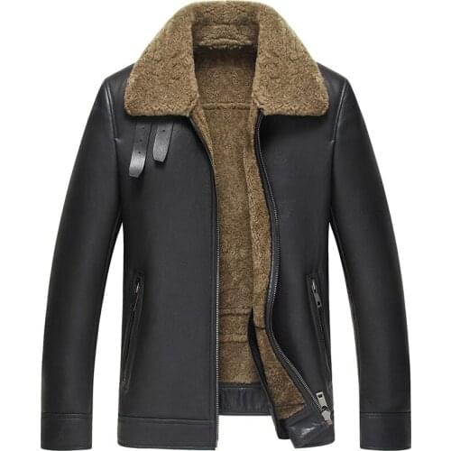 2021 new Mens Shearling Coat Black Color Flight Jacket B3 B2 Genuine Sheepskin Coat Leather Jacket For Men Lambskin Fur Coat