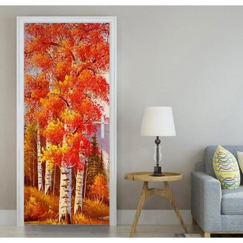Autumn Maple Trees Landscape Photo Door Sticker for Bedroom Living Room Wall Decor PVC Waterproof Self-adhesive Mural Stickers