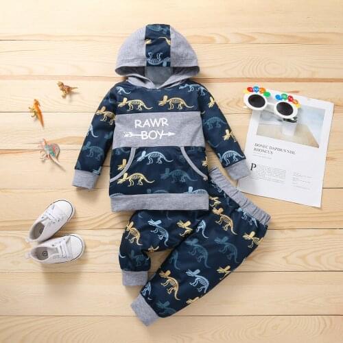 1-4T Boys autumn blue T-shirt trousers suit fashion letters long-sleeved hooded top dinosaur trousers comfortable sports suit