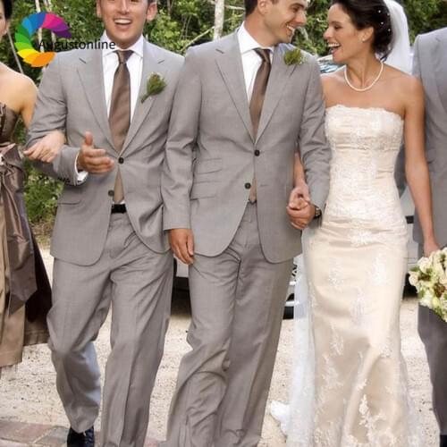 Grey Men Suits Custom Made Beach Wedding Groom Tuxedos Man Suit Slim Fit Best Man Blazers 2Piece Jacket Pants Prom Wear Party