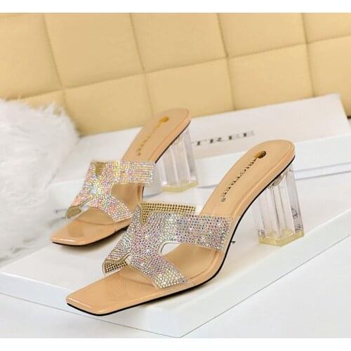 BIGTREE Fashion PVC Women Shoes Summer Square Heel Peep Toe Slippers Shallow Novelty Patchwork Party Crystal Decoratio Sweet