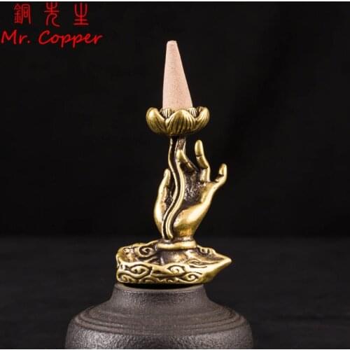 Vintage Copper Buddha Hand Lotus Clouds Pattern Base Backflow Incense Burner Pure Brass Zen Buddhist Room Desktop Ornament Decor