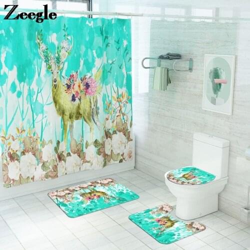 Waterproof Shower Curtain and Bath Rug Set Bathroom Carpet Rug Anti-slip Foot Mat for Toilet Memory Foam U-Shaped Toilet Rug Set
