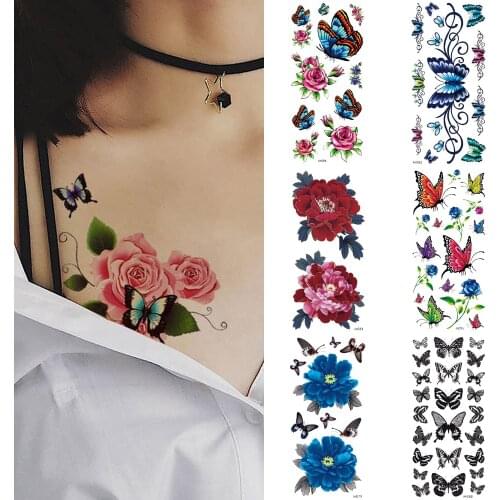 1 piece Waterproof 3D tattoo sticker Butterfly peony rose flower Coloured tattoo sticker Sexy lady realistic tattoo for arm