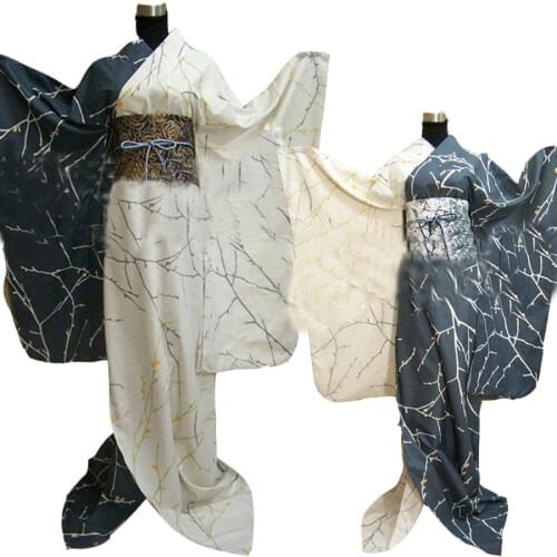 Japanese Womens Long Furisode Flower branch Kimono Traditional Cosplay Costume