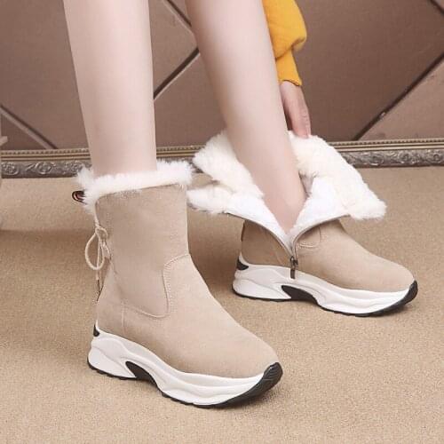 Women Warm velvet Snow Boots Ladies Thick Bottom Chunky Heel Shoes Female Solid Non Slip Shoes Lace Up Zip Footwear Winter Side