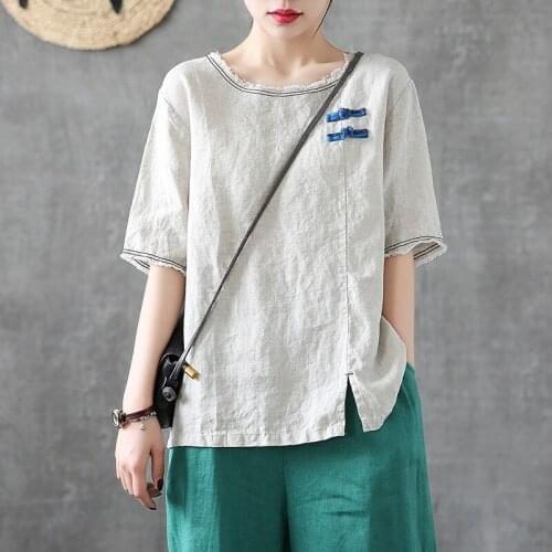 2020 New Woman Chinese Top Summer Casual Half Sleeve Split Blouse National Chinese Style Tang Suit For Women 10413