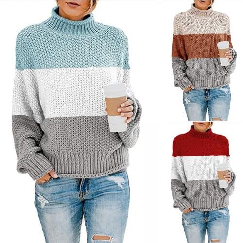 Casual Women Thin Autumn Winter O-Neck Color Block Patchwork Loose Knitted Sweater Polyester Womens Clothing свитера женские