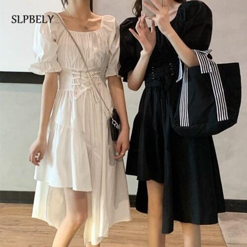SLPBELY Asymmetric Dress For Women Summer White Black Lace Up Dress Square Collar Puff Sleeve Midi Dress Vestido Streetwear 2021