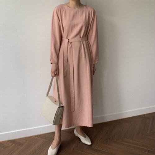 Women Autumn Long Solid Bandage Dress Ladies Long Sleeve Vestidos with Belt Plus Size Robe Longue Femme Pink Sukienki Jurken