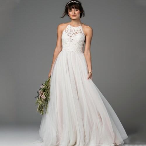 Sexy Halter Lace Appliques Backless A-Line Tulle Wedding Dress Destinaiton Bridal Dress robes de mariées