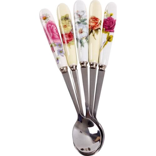 5Pcs/Set Stainless Steel Ceramic Handle Tea Spoon Creative Coffee Spoon Honey Dessert Ice Cream Spoon Small Teaspoon 15*2.6cm
