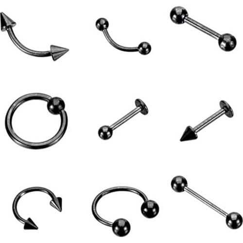 9 Pcs Black Titanium Nipple Navel Belly Lip Eyebrow Tongue Rings Barbells Ring Eyebrow Piercing