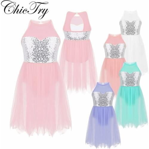 Sequins Little Kids Girls Ballet Dress Sleeveless Cutout Back Leotard Ballerina Tutu Dress High Neck Lyrical Dress Dance Costume