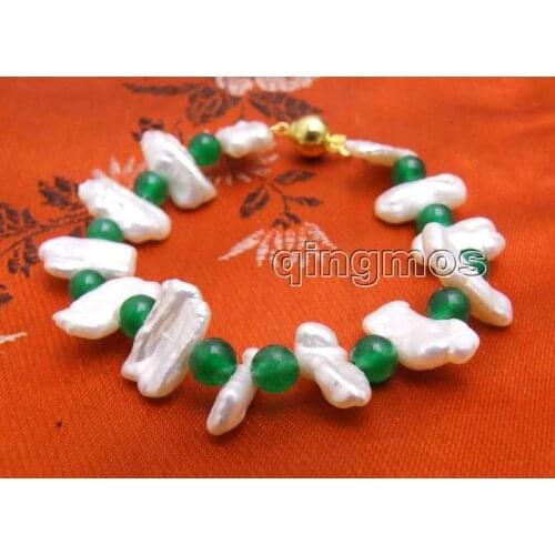 Qingmo12-15mm Natural Freshwater Biwa White Pearl Bracelet for Women with 6mm Round Green Jades Bracelet 7.5'' bra329