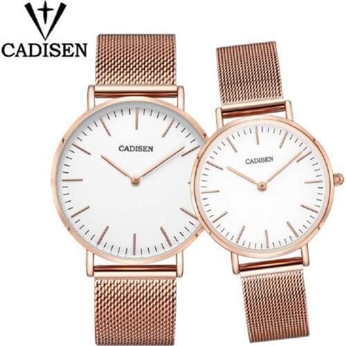 CADISEN Romantic Couple Watch Elegant Simple Design Quartz Wrist Watch Ultra-thin Stainless Steel Mesh Belt Waterproof Gift
