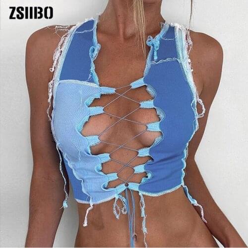 Sexy Bandage Cut Out Hole Crop Tops Women Camisole 2020 summer chic Punk style Ribbed knitting tank top club wear mujer